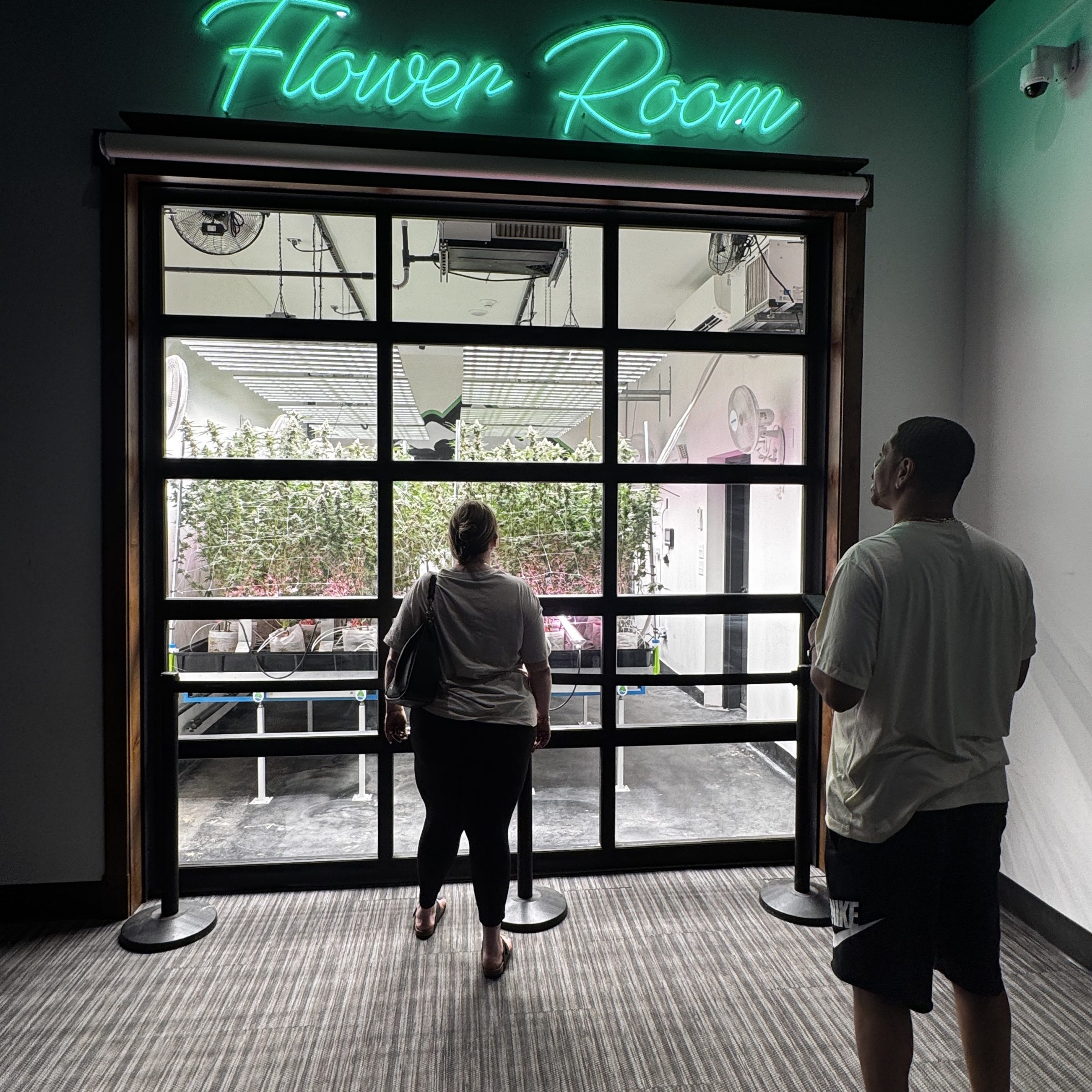 a group of people standing in a room